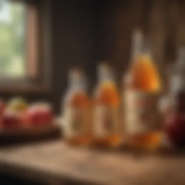 A beautiful arrangement of apple cider vinegar bottles on a wooden table