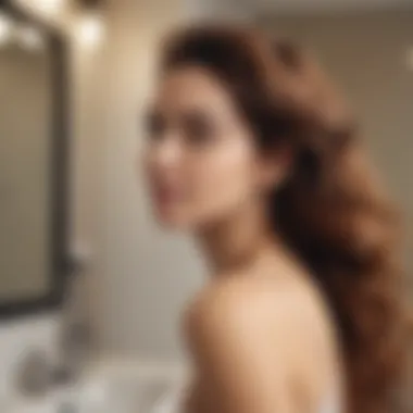 Woman applying conditioner to her hair in a serene bathroom setting