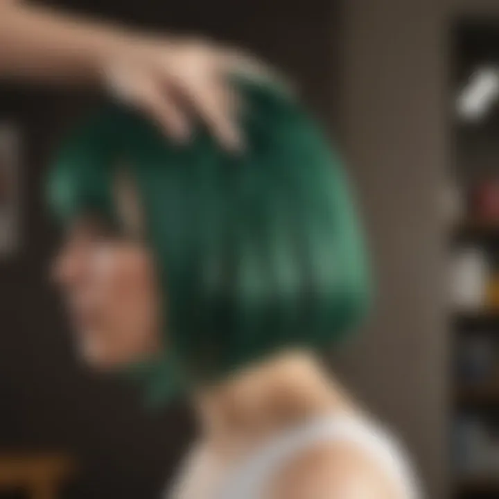 Woman applying green hair dye at home