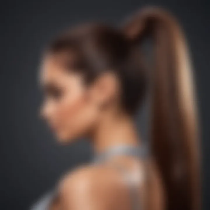 Close-up of Ariana Grande's hair extensions styled in a high ponytail