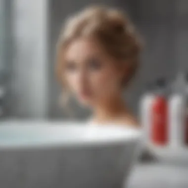 A luxurious bathroom setting featuring volumizing shampoo and other hair care products.