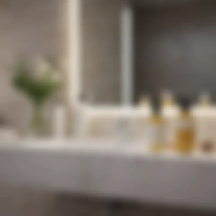 A serene bathroom setting with oil-based cleanser products