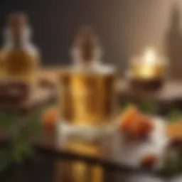 Close-up of a bottle of nourishing oil surrounded by natural ingredients