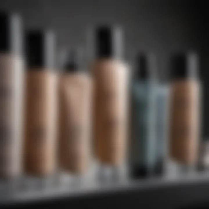 Variety of foundation products displayed on a vanity