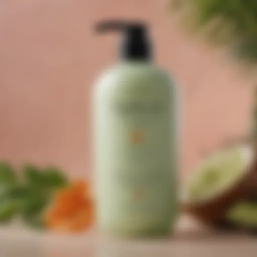 Close-up of hydrating shampoo bottle next to vibrant natural ingredients