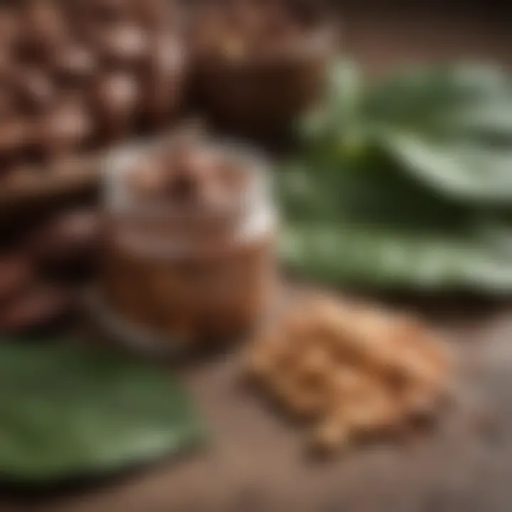 A jar of cocoa butter placed next to fresh cocoa beans and leaves