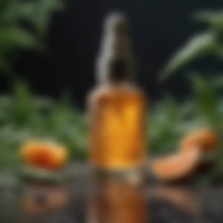 A serum bottle with a dropper surrounded by natural ingredients