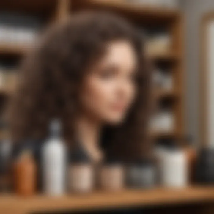 Curly hair products displayed on a wooden shelf