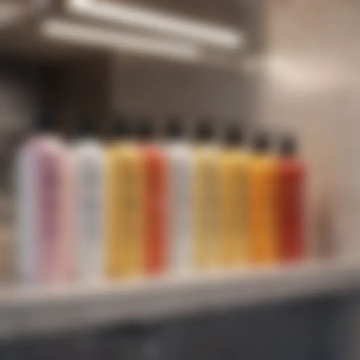 An array of volumizing shampoos on a bathroom shelf