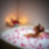 Luxurious bubble bath with candles and flower petals