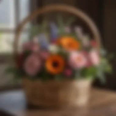 Customized flower arrangement in a rustic wooden basket with a personalized message