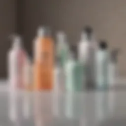 A close-up of various dermatologist-approved facial cleansers lined up on a countertop.