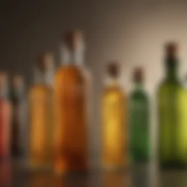 An elegant arrangement of oil bottles, each labeled with its unique benefits for skin.