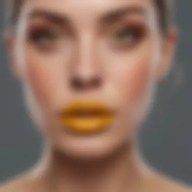 Elegant application of yellow-based lipstick on lips