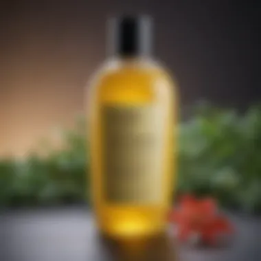 Close-up of a luxurious hair growth shampoo bottle with botanical ingredients