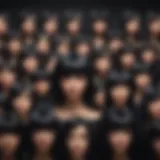 A diverse collection of luxurious black wigs on display