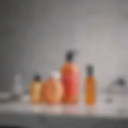 A serene bathroom setting showcasing a selection of body acne treatment products arranged aesthetically.