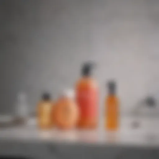 A serene bathroom setting showcasing a selection of body acne treatment products arranged aesthetically.