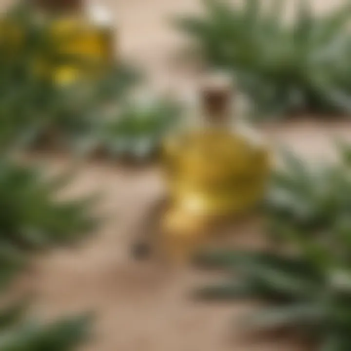 A close-up of natural ingredients like tea tree oil, aloe vera, and green tea leaves known for their skin benefits.