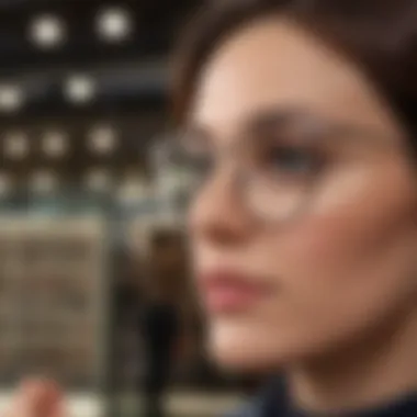 Person evaluating eyeglass frames in a store