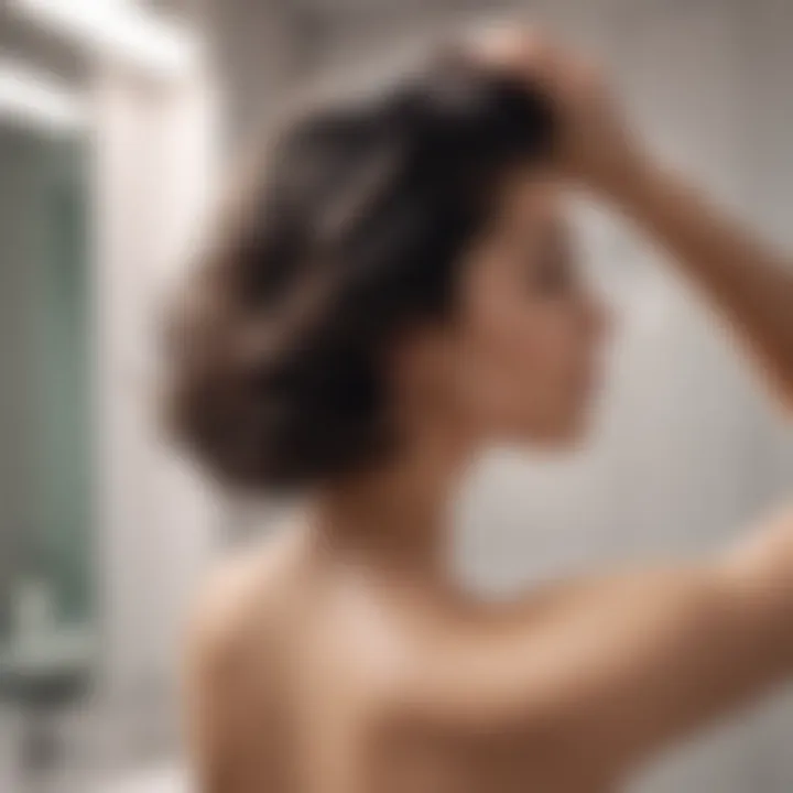 A person applying shampoo to their hair in a bathroom setting