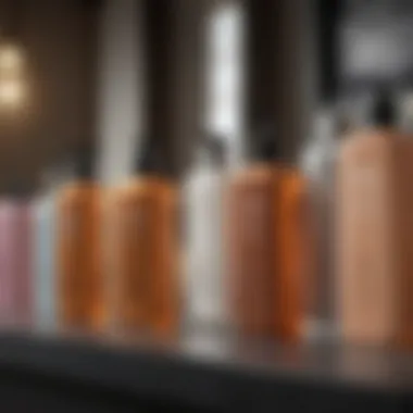 Close-up of keratin treatment products lined up on a salon counter
