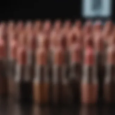 A well-organized display of MAC lipstick with focus on nude shades.