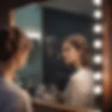 A woman contemplating different hairstyles in front of a mirror.