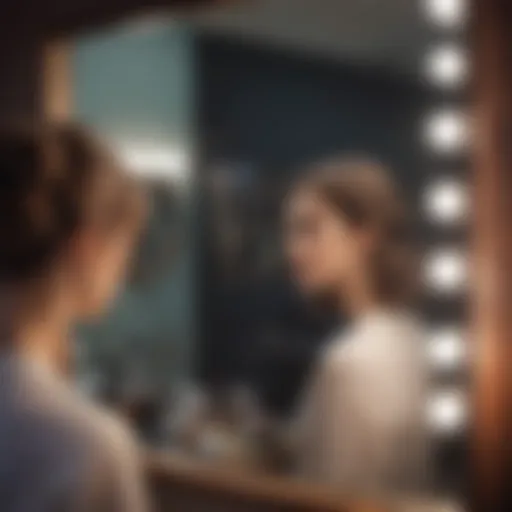 A woman contemplating different hairstyles in front of a mirror.