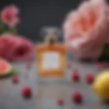 An artistic representation of fragrant notes with visual elements including sweet fruits and floral accents