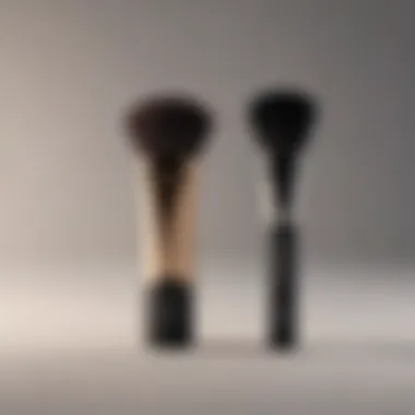 Short foundation brush positioned next to various foundation products.