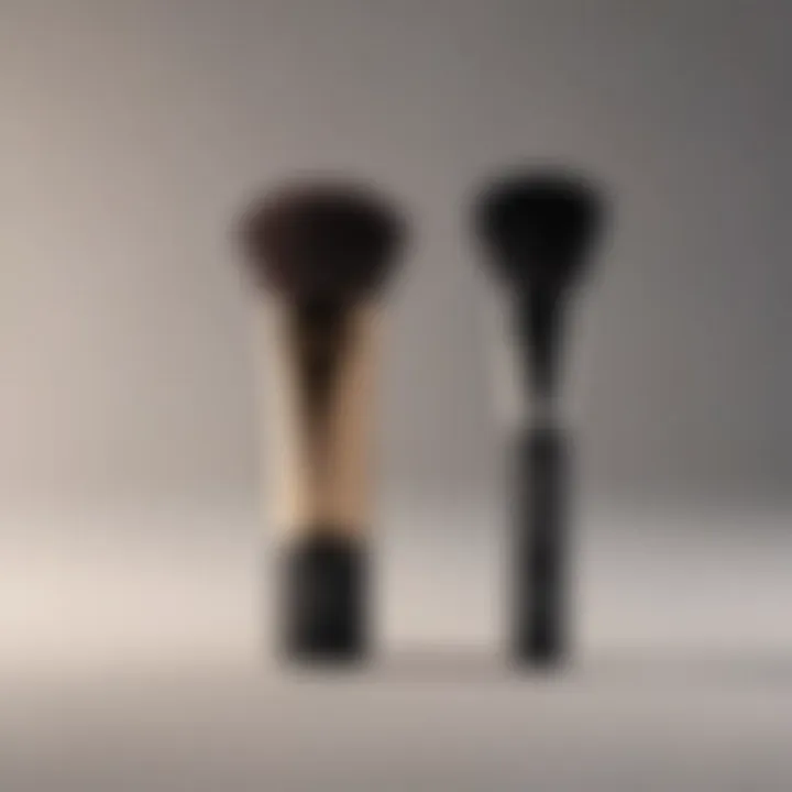 Short foundation brush positioned next to various foundation products.