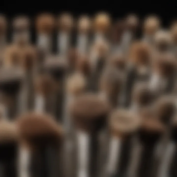 Different varieties of short foundation brushes displayed together.