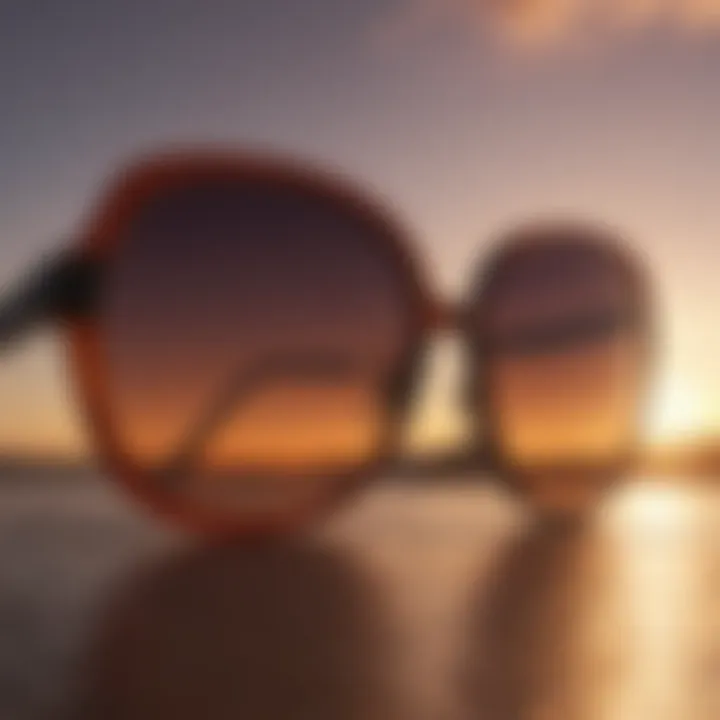 Modern sunglasses silhouette against a sunset horizon