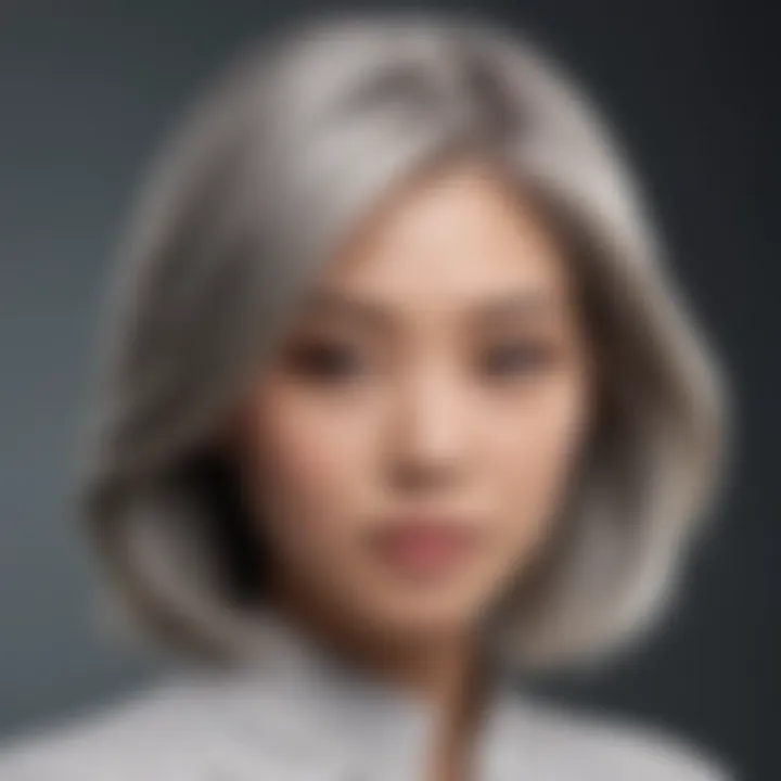 Fashionable Asian woman displaying grey hair coverage in subtle ash blonde tones