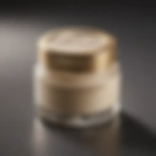 A close-up view of a luxurious filler cream jar with a golden lid, set against a soft-focus background.