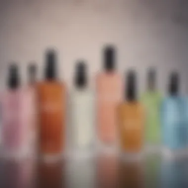 Soft focus on a collection of various fragrance-free setting spray bottles