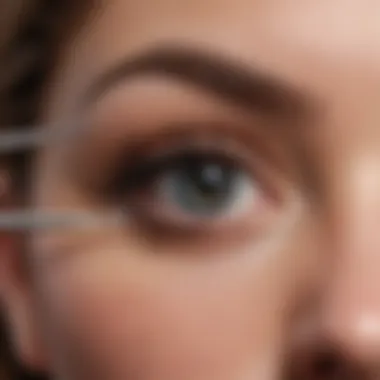 Close-up of lash application with precision tools