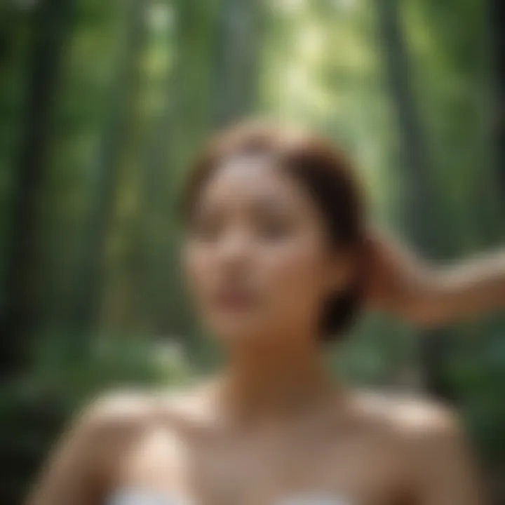 Japanese woman receiving scalp massage in serene bamboo forest