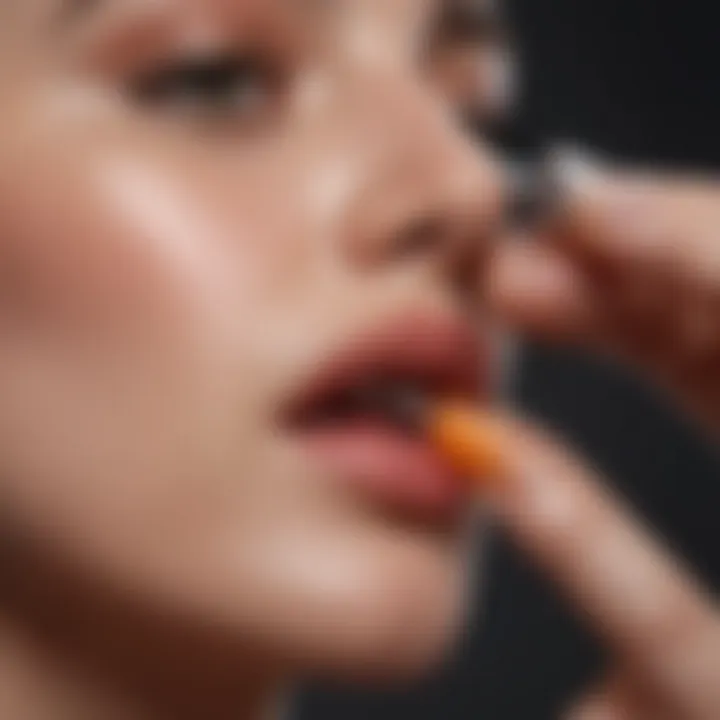 Close-up of a hand applying Kosas Lip Oil, highlighting its smooth texture.