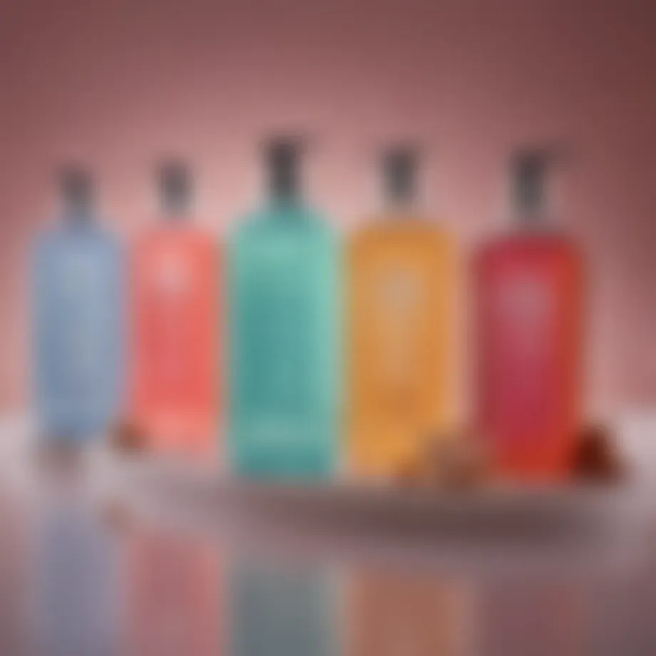 A collection of various liquid bath soaps showcasing different colors and textures