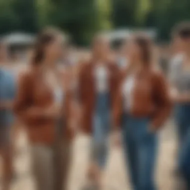 A group of stylish individuals enjoying an outdoor event, dressed in loose attire.