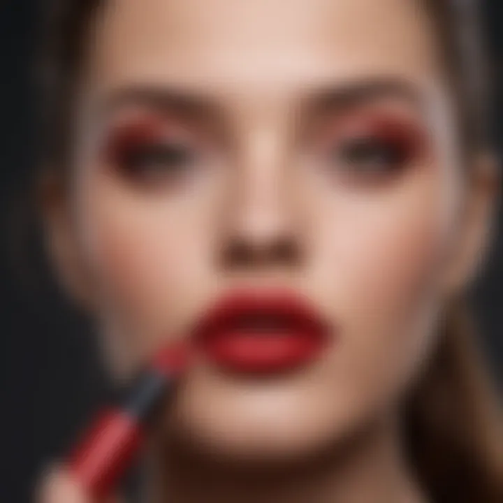 A makeup artist applying red matte lipstick skillfully on a model.