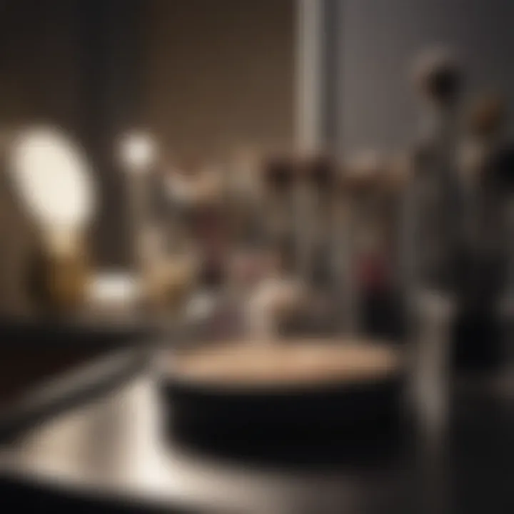A pristine makeup brush cleaning station with products