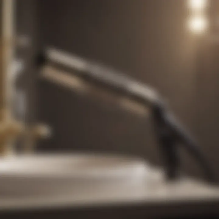 A sleek curling iron on a vanity