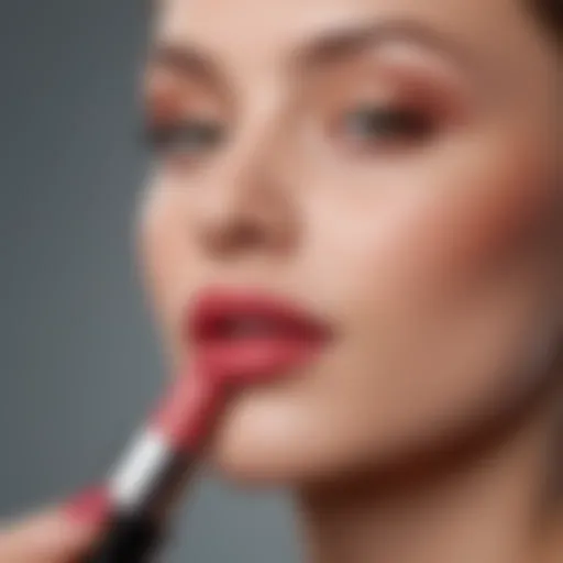 Woman with fair skin holding various lip color shades