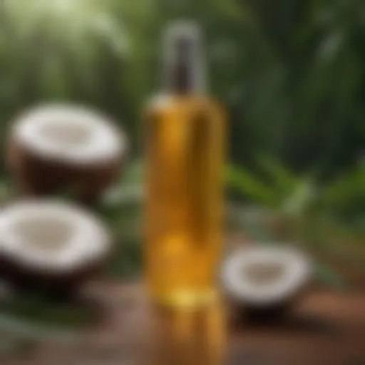 A serene bottle of body oil spray surrounded by natural ingredients like coconut and jojoba.