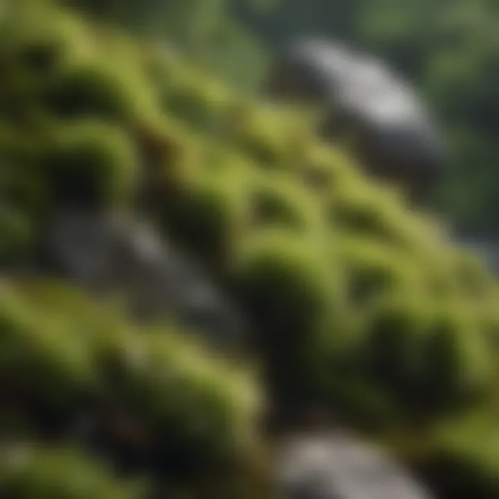 A close-up of vibrant green moss growing on a rocky surface, showcasing its intricate textures.