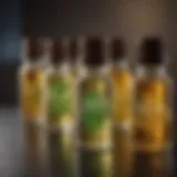 Close-up of essential oils in glass bottles