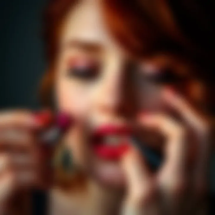 Close-up of a redhead applying the perfect lipstick shade